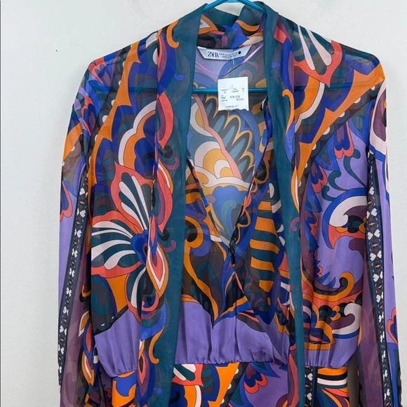 ZARA PUCCI PRINT Vibrant Paisley Open Front long sleeve mini dress medium - Picture 8 of 10